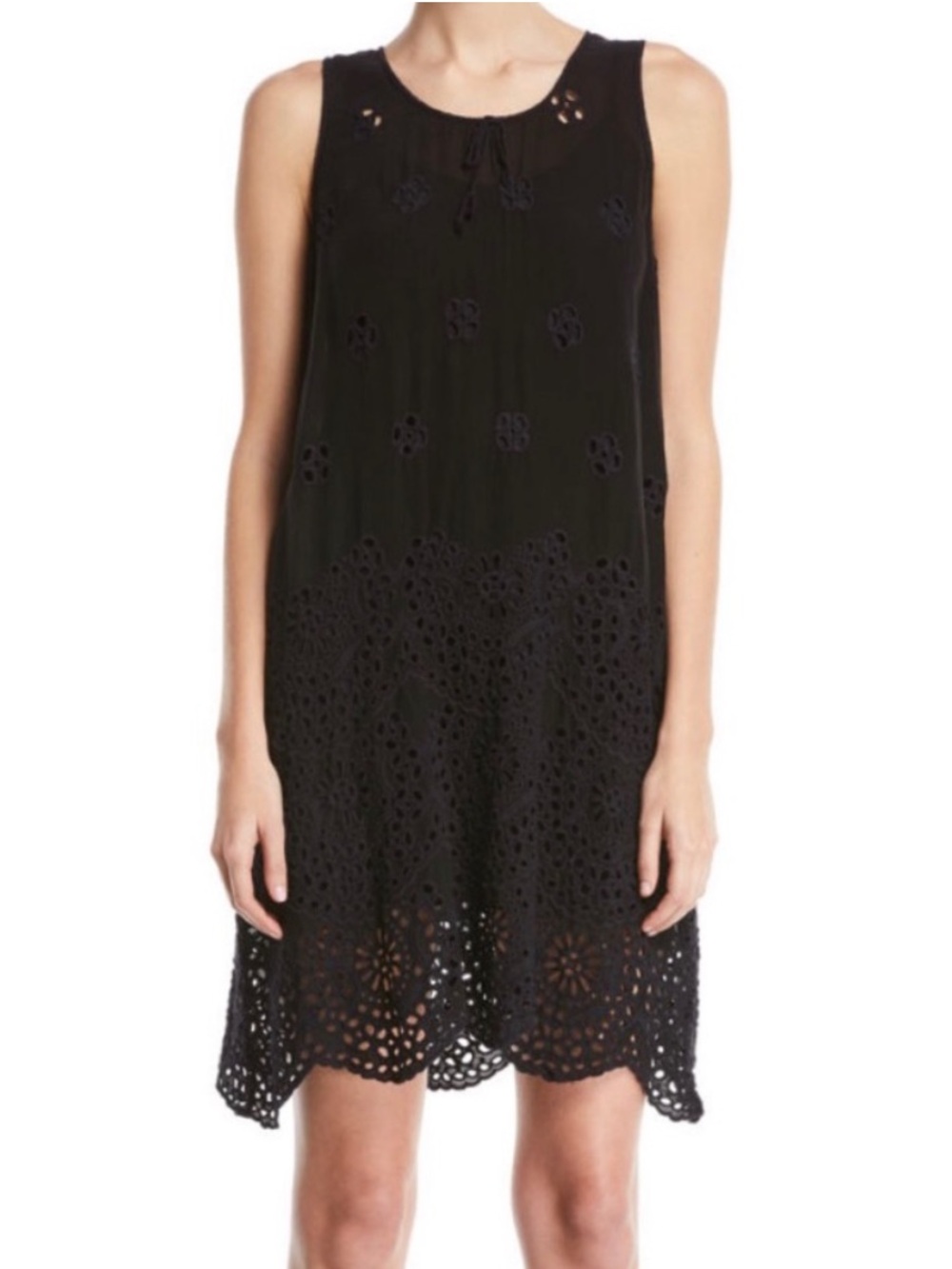 Johnny Was Black Embroidered Eyelet Lace Sleeveless Tunic Mini Dress Line M